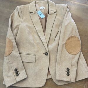 LOFT Tan Herringbone Blazer with Suede Elbow Patches